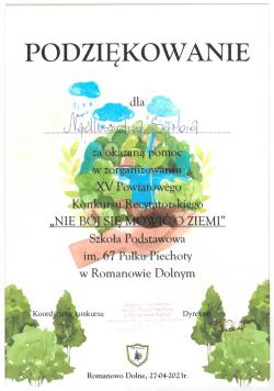 2023_04_27 - Podziękowania 2023 - Szkoła Podstawowa im. 67 Pułku Piechoty w Romanowie Dolnym